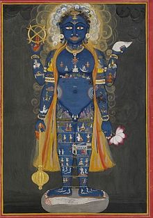 Vishvaloka o Vishnu como el Hombre cósmico con los tres reinos: el cielo - Satya a Bhuvar loka (cabeza de vientre), tierra - Bhu loka (ingle), bajo mundo - Atala a Patala loka (piernas).