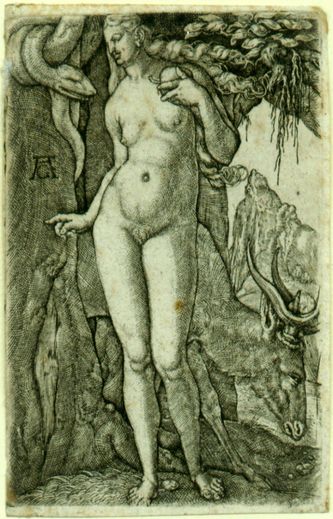 Eva con un ciervo, representación hacia los años de 1540, 
Heinrich Aldegrever. Grabado

