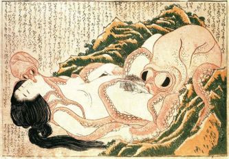 Tako to ama (el sueño de la esposa del pescador), 1814, Katsushika Hokusai. Grabado en madera. 
Del libro Kinoe no Komatsu (jóvenes penes).

