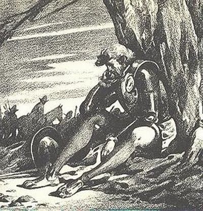 Reproducción de Cortés llorando por la perdida de un gran número de sus hombres y tesoros, recargado en un Ahuehuete conocido como el Árbol de la Noche Triste