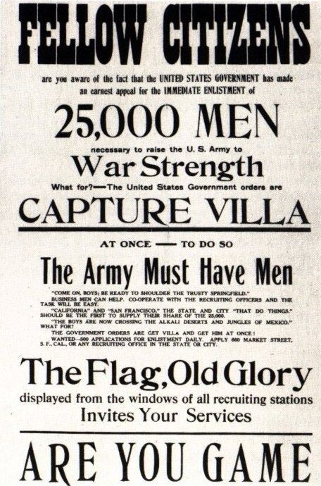 Este poster de reclutamiento llama a filas a ¡25000! para la captura de Villa que estén dispuestos a defender su bandera y su gloria.