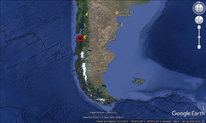 Los lugares de desembarco en las Costas Argentinas y de la Chilenas, y la ubicación de la casa en Inalco, Patagonia Argentina