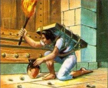 Representación del Pípila preparándose para incendiar el portón de la alhóndiga