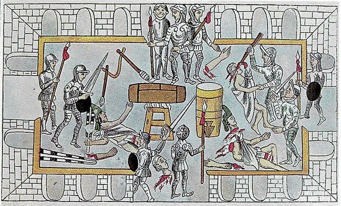 Pintura que representa la matanza del Templo Mayor