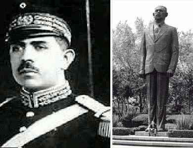 Lázaro Cárdenas en traje militar y monumento a su memoria