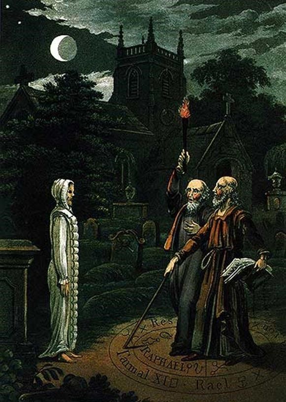 Nigromancia: El arte de conjurar a los muertos y comunicarse con ellos, imagen de John Dee y Edward Kelley. De Astrología (1806) por Ebenezer Sibly. (Wikipedia.org)
