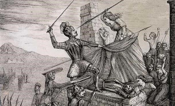 Imagen que representa la lucha de María Pita con el alférez inglés en A Coruña.