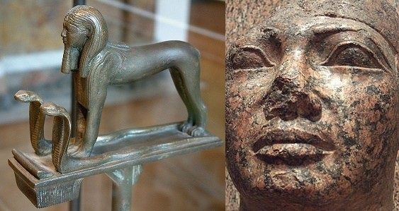 Imagen combinada en la que se pueden ver una pequeña esfinge en la que se representaría al rey Taharqo y otra en la que vemos los detalles de la cara de una estatua del rey Shabitqo