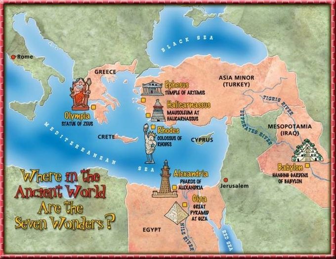 Mapa de ubicación de las 7 maravillas del mundo antiguo 
<<De septem orbis miraculis>>
