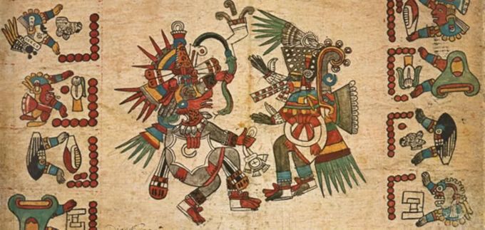 Imagen: Códice Borbónico/Qutzalcóatl y Tezclatlipoca, ambos con aspectos masculinos y femeninos al tiempo.