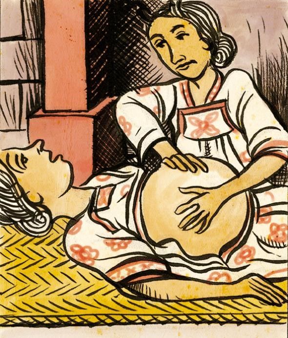 Partera Azteca en una revisión prenatal: Durante el embarazo, la partera examina regularmente la salud de la futura madre y del feto. Durante el trabajo de parto, se administran plantas medicinales para ayudar a la dilatación y a reducir el dolor.