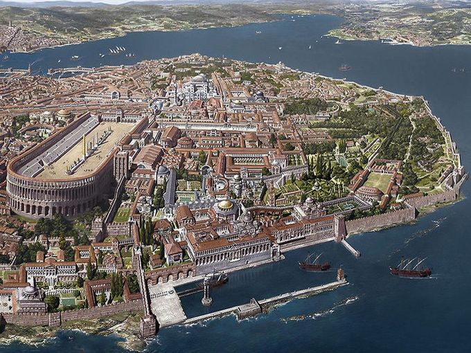 La representación de cómo fue la antigua ciudad de Constantinopla con el poderío romano, antes de caer con el asedio de Mehmet y que se convirtiera en Turquía.
