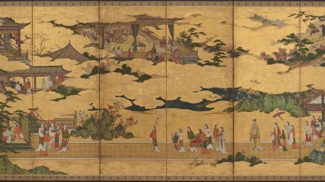 Pintura sobre biombo del período Momoyama en Japón inspirado en un poema chino.
FUENTE DE LA IMAGEN,GETTY IMAGES
