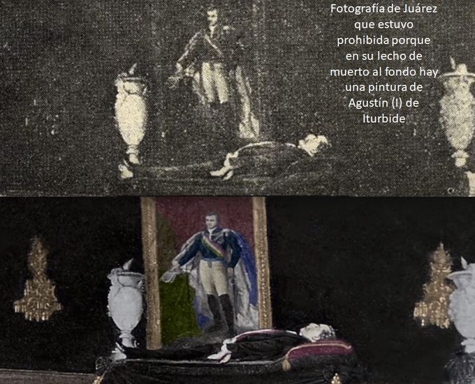 La foto de arriba es la foto prohibida y escondida de Juárez en su lecho de muerte, la foto inferior es la misma mejorada y a color 